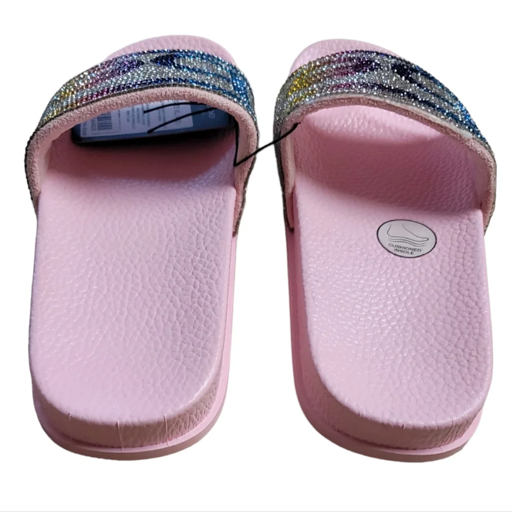 Bebe Girls Light Pink Multicolored Rhinestone Logo Slides, Size XL (4/5)
